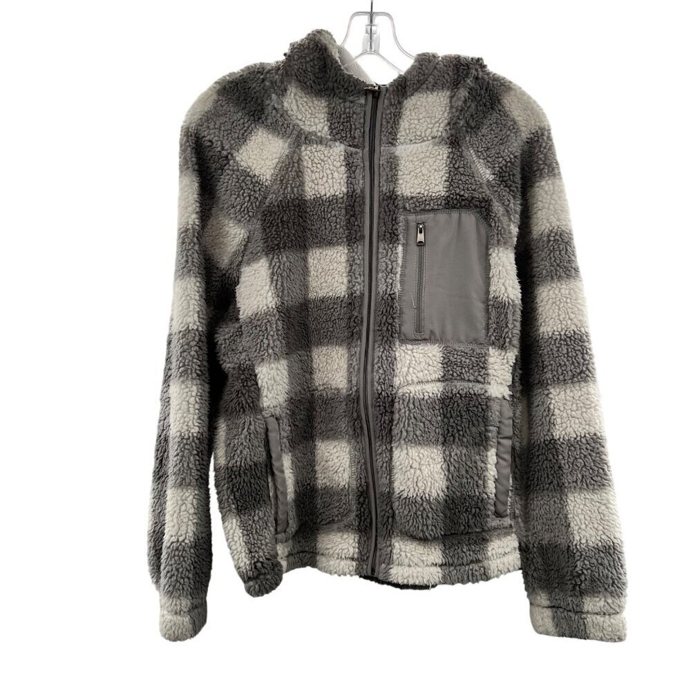 Te' Verde Women's Check Fleece Jacket Hooded Gray/White Size Small Pockets